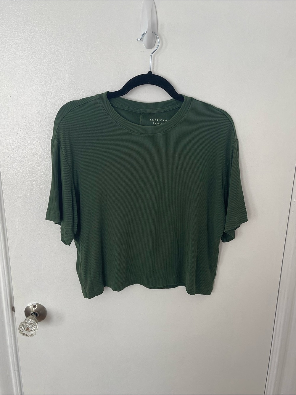 American Eagle Outfitters Olive Green Ribbed Boxy Short Sleeve Top